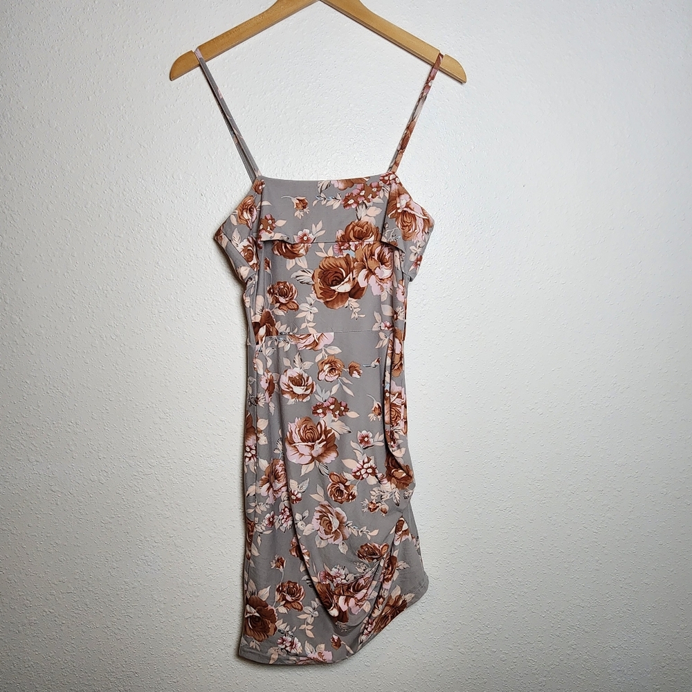 Charlotte Russe Gray Pink Brown Floral Print Ruffle Slip Dress Sleeveless Small
